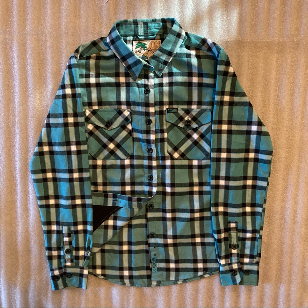 Dixxon Teal and Black Plaid Button-Down Flannel Shirt